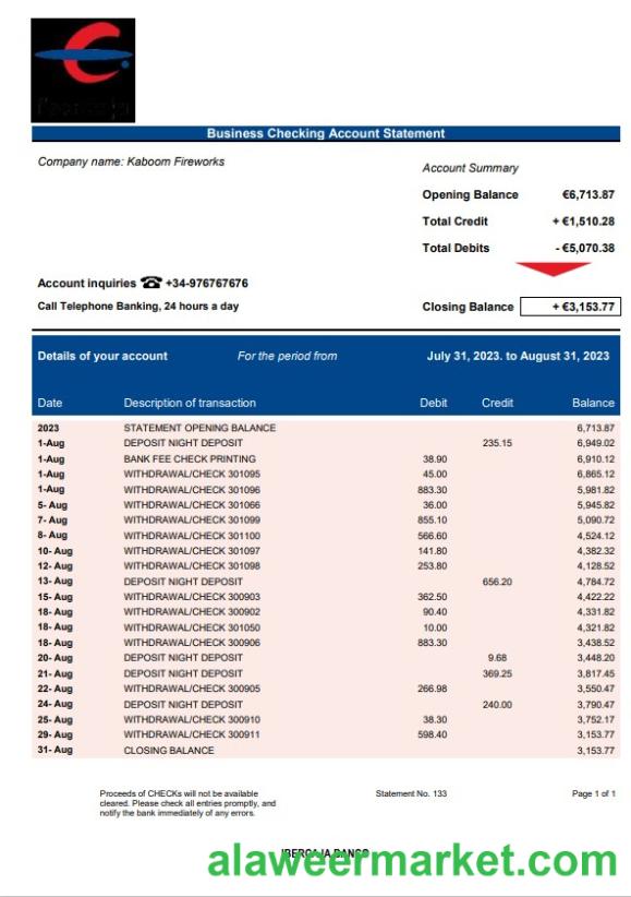 Ibercaja Bank firm account statement Word and PDF template